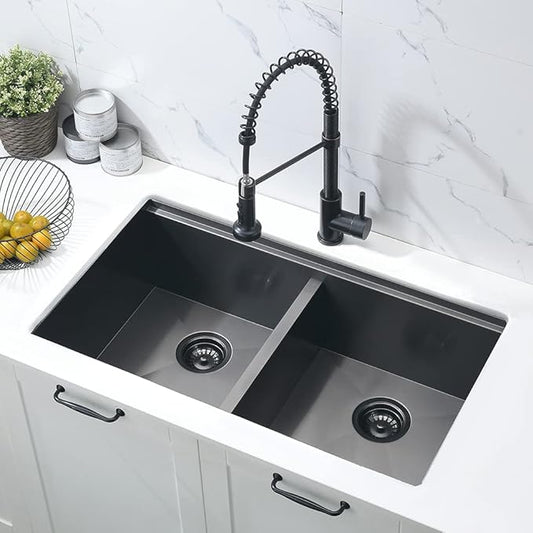 33 Inch Black Double Bowl Undermount Kitchen Sink Workstation-Bokaiya 33x19 Kitchen Sink Undermount 50/50 Double Bowl Sink 16 Gauge Black Stainless Steel Double Basin with Cutting Board