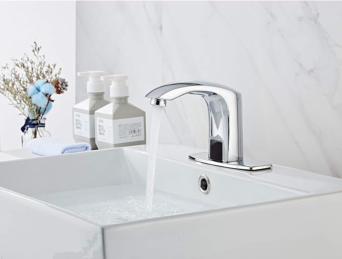 Automatic Bathroom Sink Faucet with Hole Cover Plate Sensor Touchless Dual-Powered Chrome Vanity Faucets Hands Free Motion Sensor Bathroom Water Tap with Control Box and Temperature Mixer