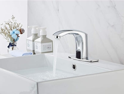 Automatic Bathroom Sink Faucet with Hole Cover Plate Sensor Touchless Dual-Powered Chrome Vanity Faucets Hands Free Motion Sensor Bathroom Water Tap with Control Box and Temperature Mixer