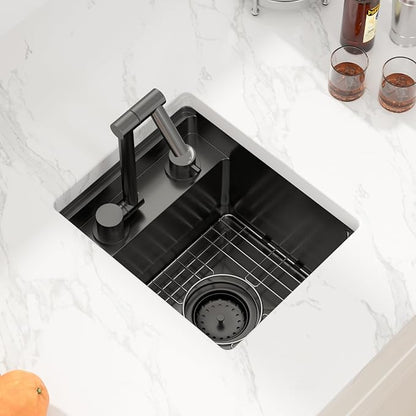 Sarlai Black Undermount Bar Sink With Foldable Faucet - 13x15 Inch Outdoor Black Kitchen Sink RV Workstation 16 Gauge Stainless Steel Single Bowl Handmade Outdoor BBQ Sinks with Lid