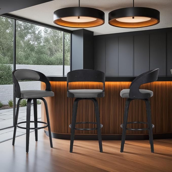 Armen Living Shelly 30" Bar Height Swivel Gray Faux Leather and Black Wood Bar Stool