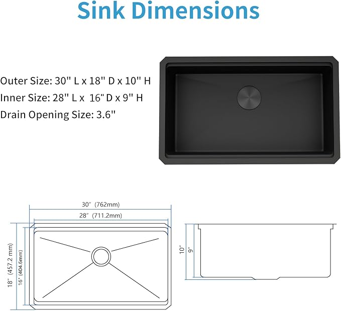 LQS 30 Inch Kitchen Sink, Black Undermount Kitchen Sink, Large Deep Black Workstation Single Bowl Sinks, 16 Gauage T304 Stainless Steel Material, Smart Workstation Ledge With Pratical Accessories
