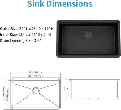 LQS 30 Inch Kitchen Sink, Black Undermount Kitchen Sink, Large Deep Black Workstation Single Bowl Sinks, 16 Gauage T304 Stainless Steel Material, Smart Workstation Ledge With Pratical Accessories