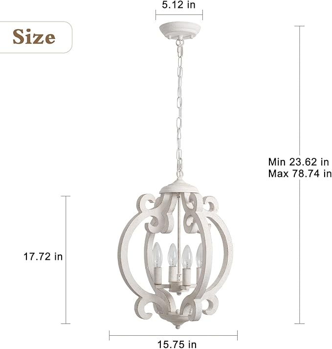 ALISADABOY Dining Room Chandelier Farmhouse Rustic White Wood Light Fixture Antique Orb Pendant Lighting for Kitchen Island Living Room Bedroom Entryway Foyer Staircase, 4 Light