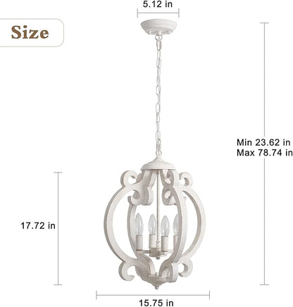 ALISADABOY Dining Room Chandelier Farmhouse Rustic White Wood Light Fixture Antique Orb Pendant Lighting for Kitchen Island Living Room Bedroom Entryway Foyer Staircase, 4 Light