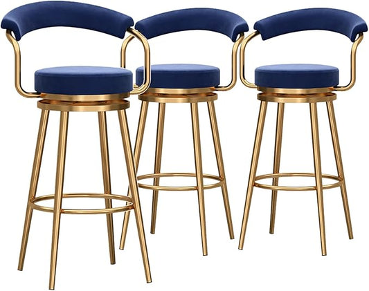 Round Height Stools of 1, Velvet with Open Back, Tall Armless Chairs, stools Metal Frame for Kitchen Island, Seat 75cm, Blue (3pcs Seat Height 75cm)