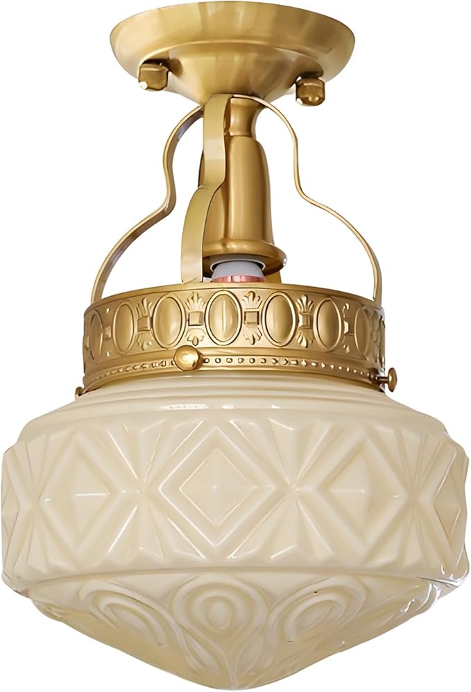 KCO Lighting Brass Globe Flush Mount Ceiling Light Mid Century Modern Entryway Light Fixture Fluted Yellow Glass Semi Flush Mount Ceiling Light Retro Gold Ceiling Lighting