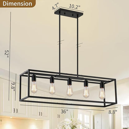 Yusist 5-Light Dining Room Light Fixture,Black Farmhouse Kitchen Island Lighting,Rustic Pendant Light Over Table with Adjustable Rods,Modern Linear Chandeliers for Dining Room Kitchen Island