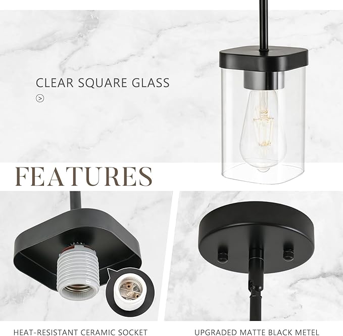 Modern Pendant Light Fixtures 3-Pack, Matte Black Pendant Lights Kitchen Island with Square Transparent Glass, Glass Pendant Light for Dining Room, Bedroom, Living Room, Farmhouse