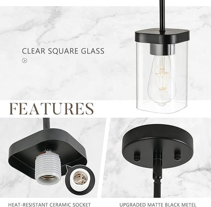 Modern Pendant Light Fixtures 2-Pack, Matte Black Pendant Lights Kitchen Island with Square Transparent Glass, Glass Pendant Light for Dining Room, Bedroom, Living Room, Farmhouse