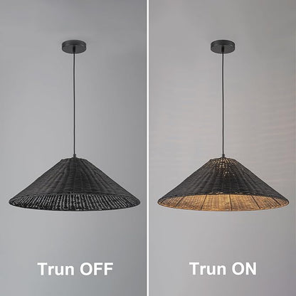 23.6'' Large Weaving Rattan Chandelier, Black Coastal Chandelier Hand Woven Rattan Dome Pendant Lighting Fixture Farmhouse Natural Basket Hanging Light