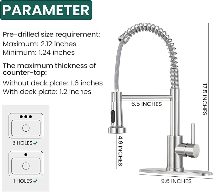 Kitchen Faucet with Pull Down Sprayer 1 Handle Pull Out Spring Sink Faucets 1 Hole Or 3 Hole Stainless Steel (Brush Nickel)
