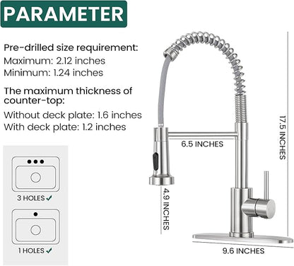 Kitchen Faucet with Pull Down Sprayer 1 Handle Pull Out Spring Sink Faucets 1 Hole Or 3 Hole Stainless Steel (Brush Nickel)