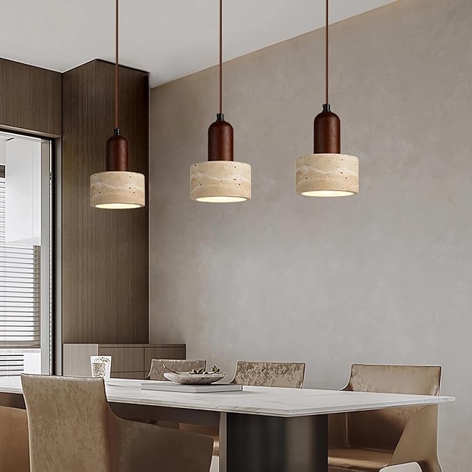 Japanese Wabi sabi Pendant Light with Natural Stone Shade, Dimmable Modern Wood Hanging Lamp Fixture, Adjustable Height Pendant Lamp for Bedroom, Kitchen Island, Dining Room, Restaurant, Cafe, Bar (A)