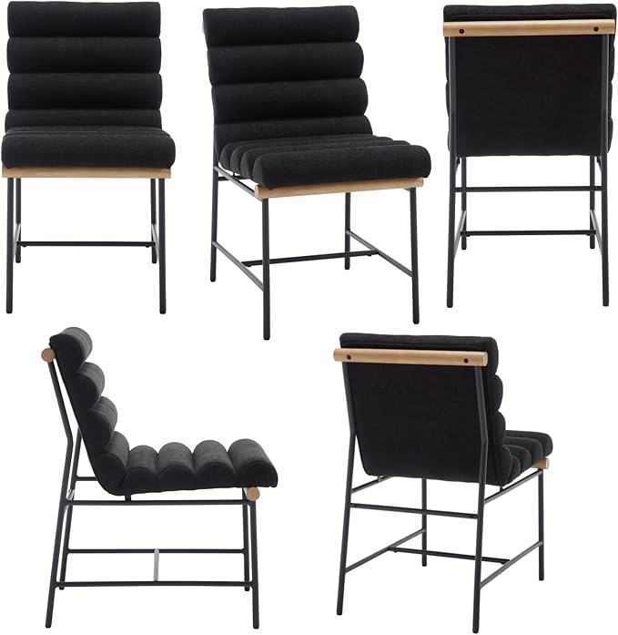 Modern Upholstered Dining Chairs Set of 2, Black Linen Dining Room Chairs with Tufted Back & Cushion, Comfy Armless Kitchen Chairs with Black Metal Legs for Dinner Living Room