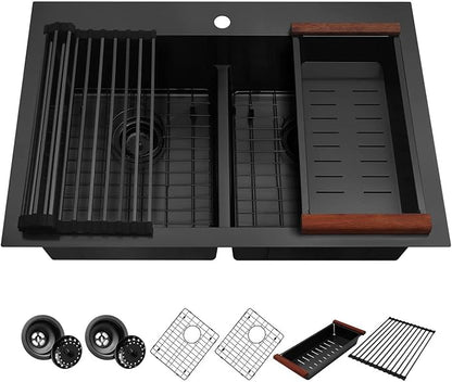 LQS Black Kitchen Sink, 33x22 Drop In Kitchen Sink Black, Top Mount Stainless Steel Sink, Large Capacity, 50/50 Double Bowl Sink with Unique Low-Divider Design For Easier Rinsing and Cleaning