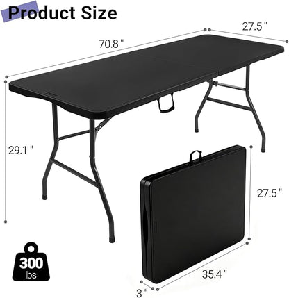Byliable Folding Table 6ft, Heavy Duty Portable Plastic Fold-in-Half Utility Table with Carrying Handle for Indoor Outdoor, Camping Picnic Party, Black