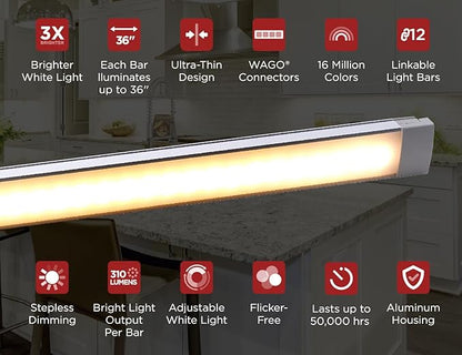 Black+Decker PureOptics Professional Push Wire Under Cabinet Light Bar, Add-on, Plug-in or Hardwire Compatible, Adjustable White and RGB LED, for Kitchen, Pantry, Cabinets, (1) 12" Bar