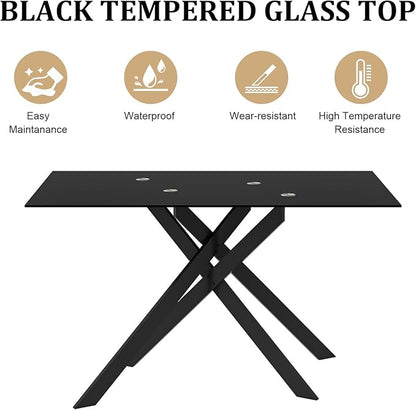 51.2" Black Glass Dining Table, Modern Kitchen Table for 4-6 People, Contemporary Rectangular Dining Room Dinner Tables with Black Glass Top & Black Metal X Legs for Kitchen Apartment
