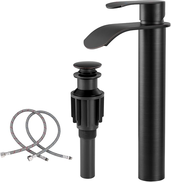 Vessel Sink Faucet Oil Rubbed Bronze：WOWOW Single Handle Tall Bathroom Faucet - Waterfall Single Hole Mixer Bar Tap with Large Rectangular Spout, Deck Mount Lavatory Vanity with Pop Up Drain