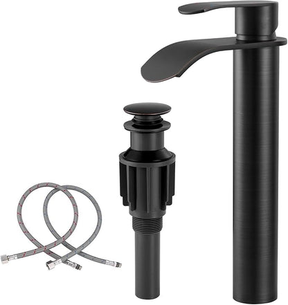 Vessel Sink Faucet Oil Rubbed Bronze：WOWOW Single Handle Tall Bathroom Faucet - Waterfall Single Hole Mixer Bar Tap with Large Rectangular Spout, Deck Mount Lavatory Vanity with Pop Up Drain