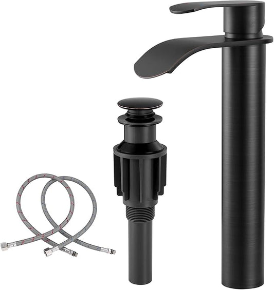 Vessel Sink Faucet Oil Rubbed Bronze：WOWOW Single Handle Tall Bathroom Faucet - Waterfall Single Hole Mixer Bar Tap with Large Rectangular Spout, Deck Mount Lavatory Vanity with Pop Up Drain