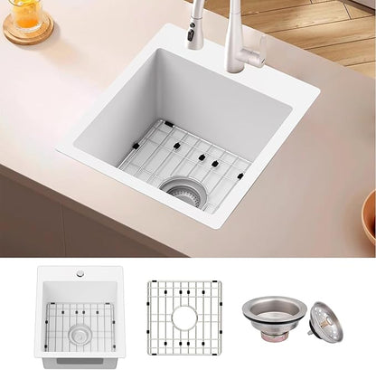 White Kitchen & Bar Sink, 15x17 Inch Stainless Steel Kitchen Sink Single Bowl Topmount Kitchen Sink With Sink Grid And Drain Assembly Bright White Bar Sink Enhance Aesthetic Appeal Of Modern Kitchen