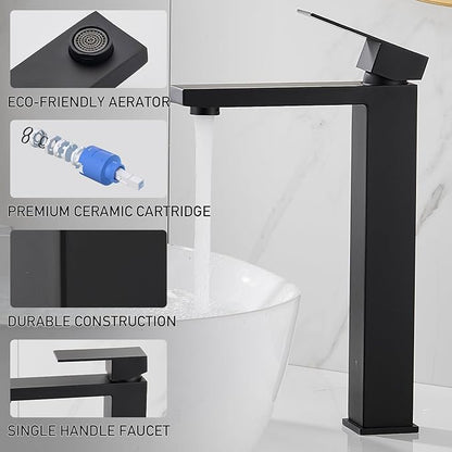 AVSIILE Matte Black Vessel Sink Faucet, 1 Hole Single Handle Tall Bathroom Vanity Faucets, Modern Utility Rv Laundry Bath Restroom Mixer Tap with Metal Pop Up Drain and 2 Water Supply Lines