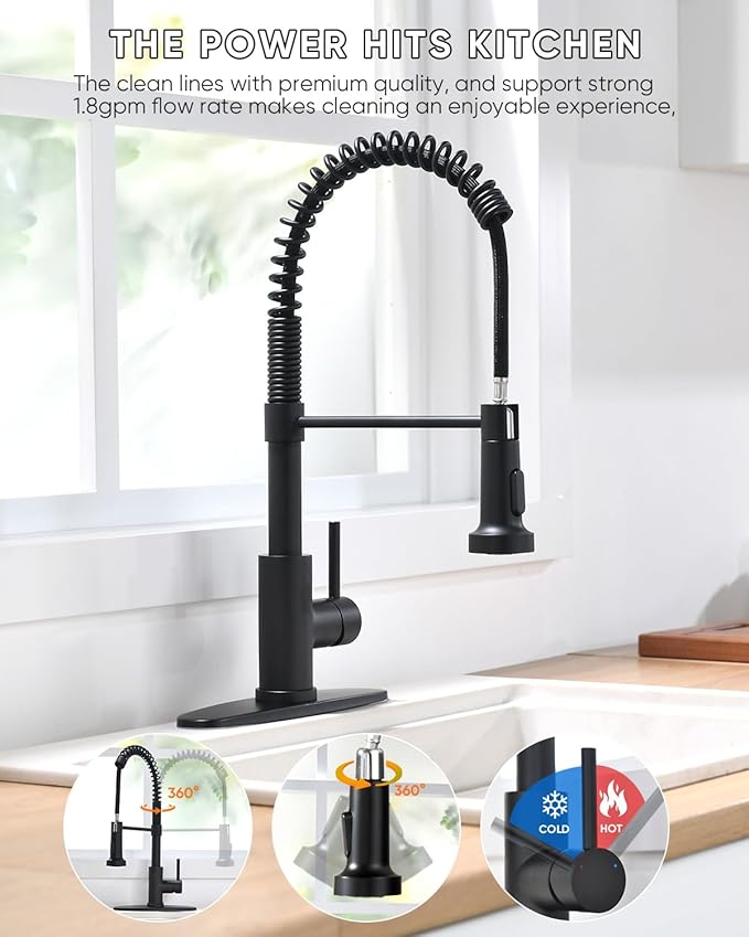 OWOFAN Black Kitchen Faucet with Pull Out Sprayer Stainless Steel Single Handle Spring Sink Faucets 1 Hole Or 3 Hole Dual Function for Farmhouse Camper Laundry Utility Rv Wet Bar