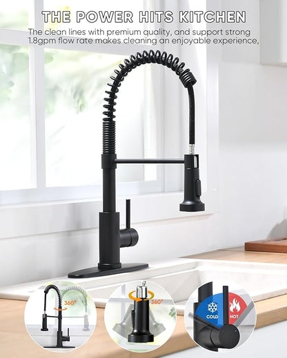 OWOFAN Black Kitchen Faucet with Pull Out Sprayer Stainless Steel Single Handle Spring Sink Faucets 1 Hole Or 3 Hole Dual Function for Farmhouse Camper Laundry Utility Rv Wet Bar