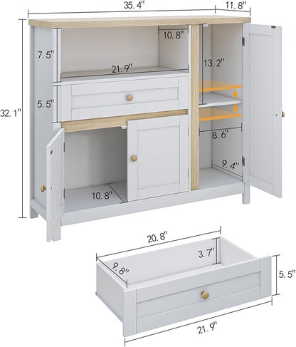 Viaozutis Storage Cabinet with Doors and Drawers,Kitchen Storage Cabinets，with Drawer and Adjustable Shelf（White）