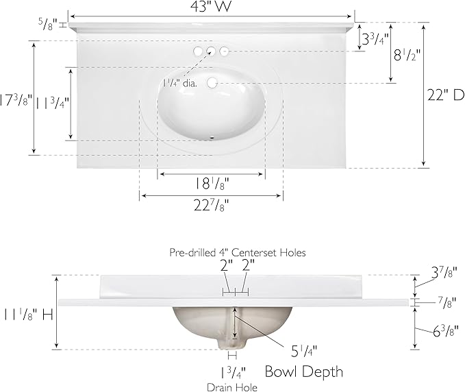 Design House Cultured Marble Vanity Top, 43 in W x 22 in D, Integrated 4 in Centerset Oval Sink & Backsplash, Solid White, 586156