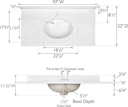 Design House Cultured Marble Vanity Top, 43 in W x 22 in D, Integrated 4 in Centerset Oval Sink & Backsplash, Solid White, 586156