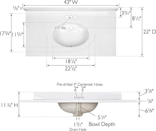 Design House Cultured Marble Vanity Top, 43 in W x 22 in D, Integrated 4 in Centerset Oval Sink & Backsplash, Solid White, 586156