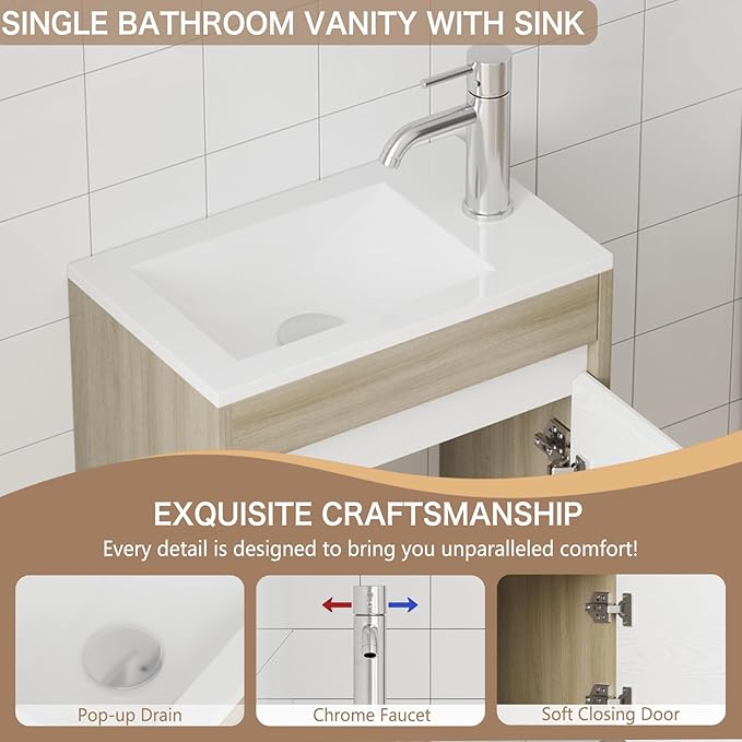 wonline 16” Small Bathroom Vanity Sink Combo for Small Space Wall Mounted Cabinet Set White Resin Basin Sink Top Chrome Faucet