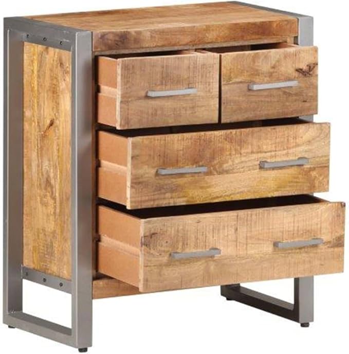 Industrial Sideboard, Rough Mango Wood, Iron Frame, 23.6" Long, 4-Drawer Storage Cabinet for Living Room, Natural Brown Kitchen Furniture