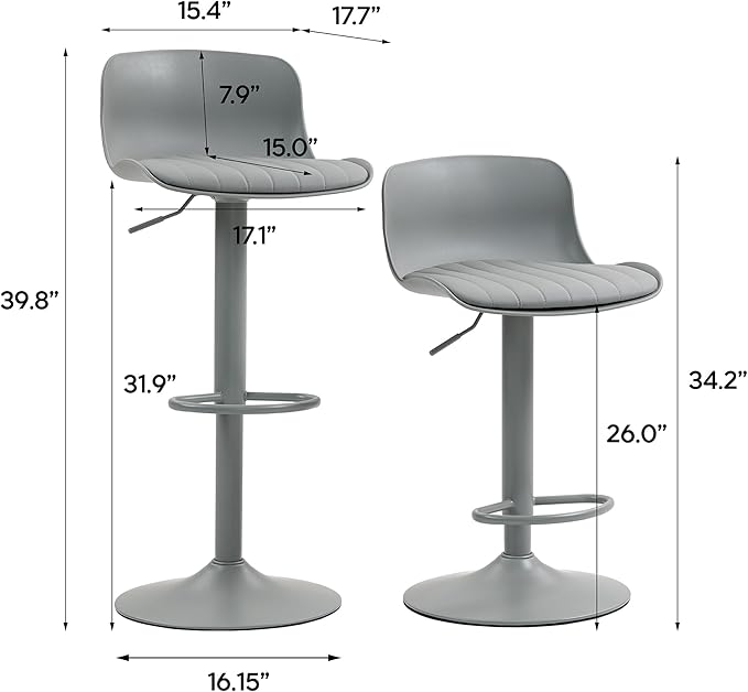 Bar Stools Set of 2 with Backrest, Adjustable Height Upholstered Barstools, Swivel Leather Island Chairs, Modern Armless Stools for Bar, Kitchen Island, Dining Room (Mint Green)