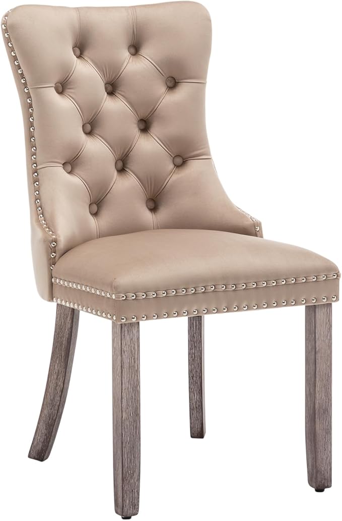 Eifizek Velvet Dining Chairs Set of 4, Upholstered Dining Room Chairs with Nailhead Ring Pull Trim, Button Tufted Wing Back Chairs for Dining with Solid Wood Legs for Kitchen Dining Room(Khaki)