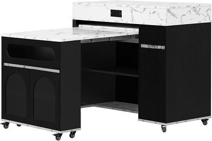 Merax Extendable Rolling Kitchen Island with Folding Table Top, Storage Cabinet with Drawers, Power Outlet & Locking Wheels for Kitchen, Dining Room, Small Space,Black+White