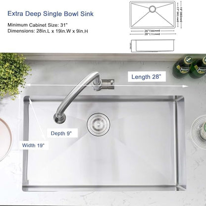 28 Inch Undermount Kitchen Sink Stainless Steel -Hovheir 28x19 Stainless Steel Undermount Kitchen Sink 16 Gauge Deep Single Bowl Under Mount Sinks with Drain