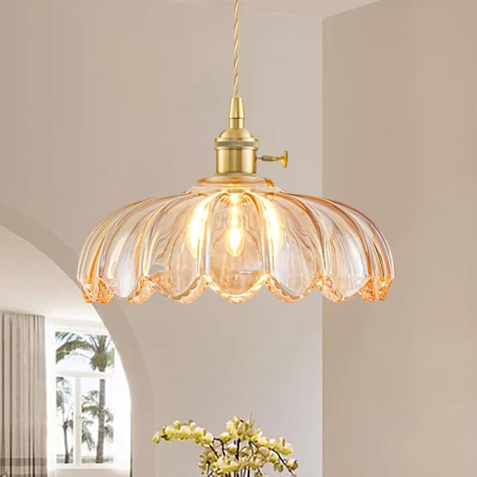 3 Pack Glass Pendant Lights Kitchen Island, Vintage Brass Pendant Light Fixtures, Adjustable Amber Kitchen Pendant Lighting Over Island for Bedroom Living Room Hallway Dining Room