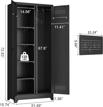 Metal Locking Cabinet, 72.8" Tall Storage Cabinet for Broom, Garage Storage Cabinet with Doors and Shelves, Heavy Duty Tool Cabinet for Home Office, School, Basement,Gym