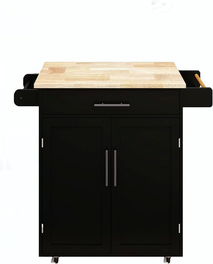 Modern Dining Table Kitchen Island Rolling Trolley Cart with Shelves, Drawer, Doors, Towel Rack & Seasoning Rack - Rubber Wood Table Top for Dining Room,Black-MDF