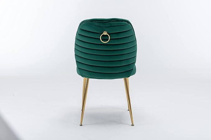 Modern Velvet Dining Chairs Set of 2, Woven Accent Kitchen Chairs with 4 Sturdy Golden Metal Legs, Luxurious Armless Side Chair with Ring for Indoor, Kitchen Island , Dining Room, Living Room (Green)