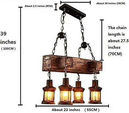 4 Lights Wood Vintage Chandelier, Industrial Farmhouse Island Light with Glass Lampshade and Adjustable Chain, Retro Loft Chandelier Dinning Table Pendant Lamp Fixtures for Bar Home Hotel Hallway