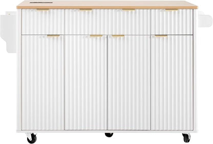 55.5" Fluted Kitchen Island with Power Outlet and Drop Leaf, Narrow Kitchen Island with Storage Srawers and 4 Doors, Rolling Island Table with Wood-grain Top, Curved Edge for Dining Room White