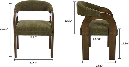 Farmhouse Dining Chairs Set of 4 - Upholstered Armchairs with Chenille Cushions & Curved Wooden Arms, Barrel Wood Kitchen Chairs for Dining Room/Cafe/Kitchen Island (Sage Green)