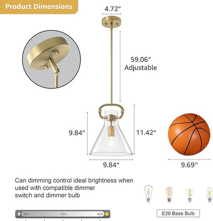 Glass Pendant Lights Kitchen Island 9.8",Matte Gold Island Pendant Lights 1 Light Modern Pendant Hanging Lamps with Funnel Glass Shade for Kitchen over Dining Table,E26 Base,Adjustable Height,Dimmable