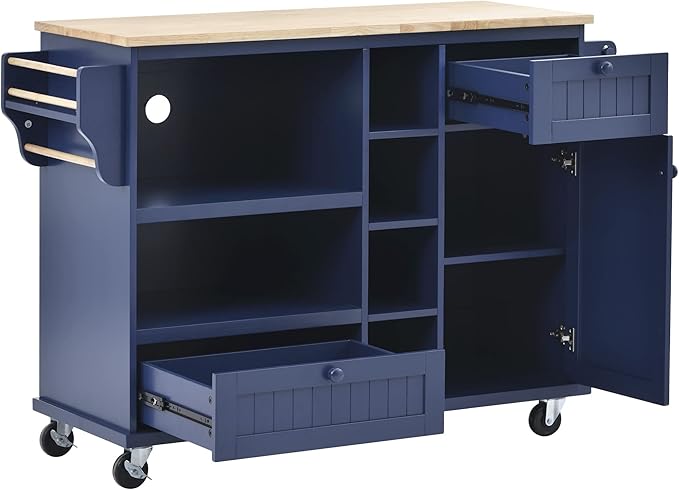 Kitchen Island Cart with Storage Cabinet and Two Locking Wheels, Microwave Cabinet, Solid Wood Desktop, Floor Standing Buffet Server Sideboard for Kitchen Room, Dining Room, Bathroom (Dark blue-JZP1)