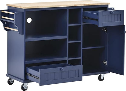Kitchen Island Cart with Storage Cabinet and Two Locking Wheels, Microwave Cabinet, Solid Wood Desktop, Floor Standing Buffet Server Sideboard for Kitchen Room, Dining Room, Bathroom (Dark blue-JZP1)